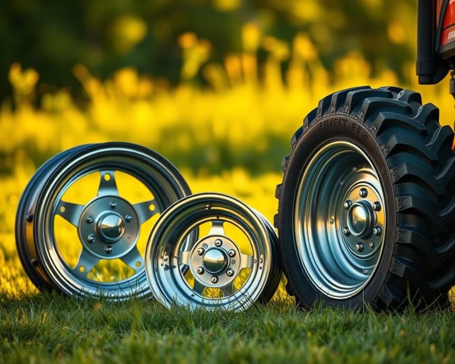 Detailed photorealistic 12x12 garden tractor rims on a grassy field, with warm natural lighting from the side illuminating the metallic surfaces and reflecting off the chrome. The rims are positioned in the foreground, showcasing their rugged construction and heavy-duty design. The middle ground features a lush, verdant background with soft, blurred foliage, creating a sense of depth and emphasizing the rims as the focal point. The overall scene conveys a sense of quality, durability, and the perfect fit for a garden tractor, reflecting the article's subject and section title.