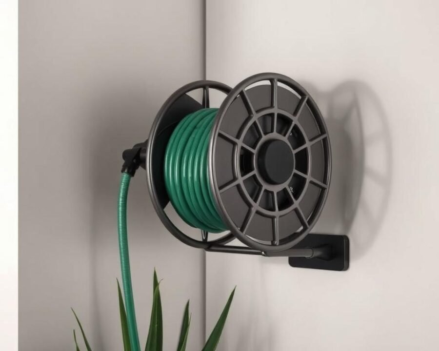 Hose reel with compact, space-saving design featuring a sleek, metallic frame and a smooth, retractable hose mechanism. The reel is mounted on a wall, strategically positioned to provide easy access and efficient storage for a 100 ft garden hose. Soft, muted lighting illuminates the scene, highlighting the reel's clean lines and intuitive controls. The background is a minimalist, neutral-toned interior, emphasizing the reel's functional elegance and seamless integration into the overall home or garden decor.