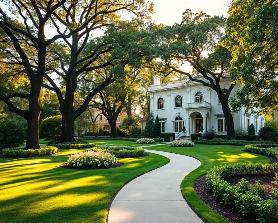 Lush gardens and towering trees surround a row of immaculate 401 Franklin Avenue luxury homes, bathed in warm afternoon sunlight. Manicured lawns and well-tended flowerbeds lead up to the stately facades, adorned with elegant arched windows and intricate architectural details. The homes exude an air of timeless sophistication, their crisp white exteriors gleaming against a backdrop of verdant foliage. A gently winding path invites exploration, hinting at the serene tranquility and high-end amenities within this prestigious Garden City enclave.