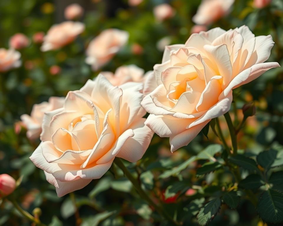 Lush, velvety alabaster garden roses in full bloom, captured in soft natural light. A meticulously tended flowerbed framed by verdant foliage and warm, earthy tones. Delicate petals with a luminous, translucent quality, their faint blush hues creating a serene, angelic ambiance. A shallow depth of field emphasizes the roses' exquisite form and texture, while the blurred background suggests a tranquil, secluded garden oasis. Crisp, high-resolution detail showcases the roses' intricate, almost sculptural beauty, evoking a sense of timeless elegance and natural wonder.