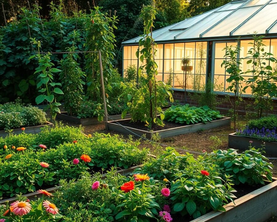 Lush, verdant garden scene with a variety of plants suited to the local climate. In the foreground, raised garden beds with colorful flowers and herbs, watered by a sprinkler system. In the middle ground, thriving vegetable plants like tomatoes and leafy greens, supported by trellises. In the background, a greenhouse with windows letting in warm, diffused sunlight, housing delicate plants. The overall atmosphere is one of abundant growth and productivity, with a sense of harmony between the designed elements and the natural landscape. The image is captured with a wide-angle lens, giving a panoramic view of the well-curated, sustainable garden.