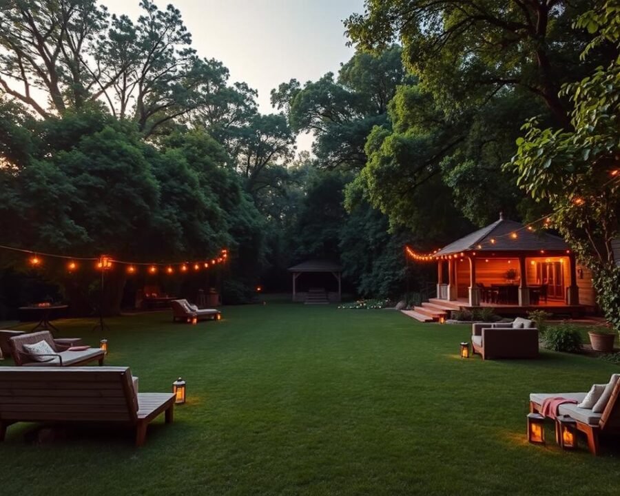 Lush, verdant outdoor event space with a rustic, inviting ambiance. A large, open lawn surrounded by towering trees and vibrant foliage, creating a natural canopy. Strategically placed seating areas with cozy, weathered wooden benches and plush, cushioned lounge chairs. Delicate string lights and warm lanterns cast a soft, romantic glow, complementing the setting sun. In the distance, a well-appointed covered pavilion with a wooden deck, perfect for hosting gatherings. A sense of tranquility and escape, transporting guests to a secluded, serene oasis.
