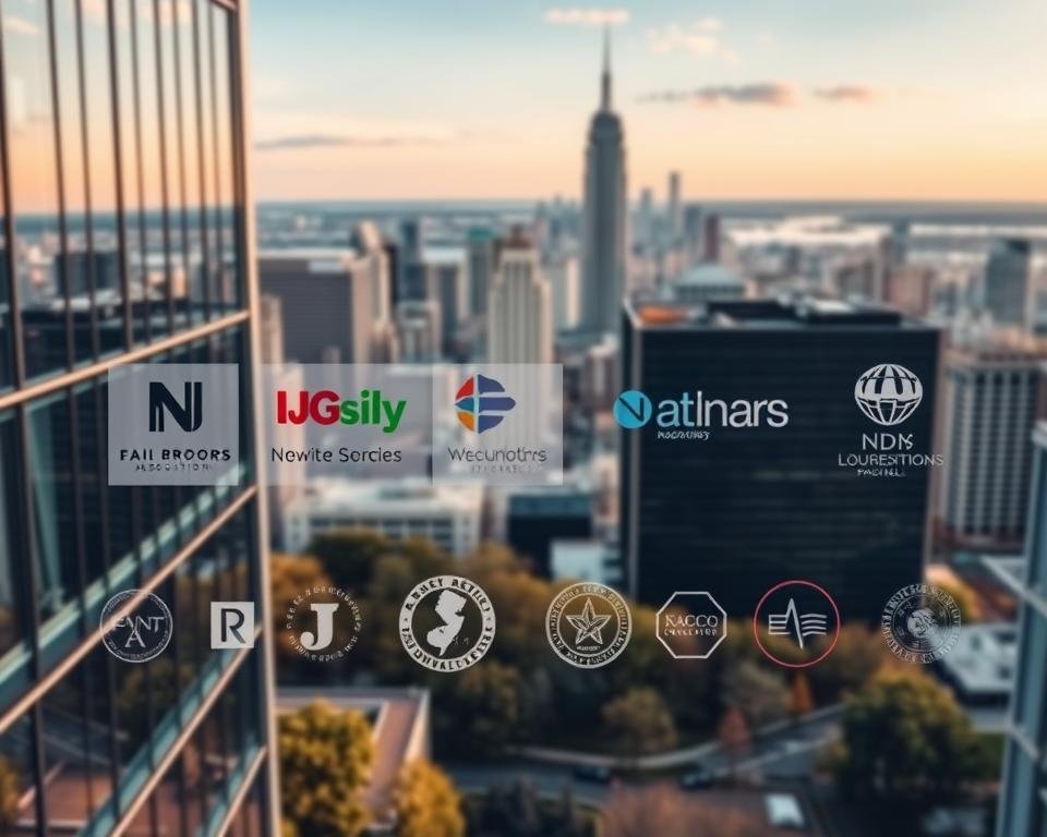 NJ real estate associations, a vibrant network of professionals dedicated to the Garden State's thriving property market. In the foreground, a modern office building with sleek glass facades, representing the headquarters of the leading associations. In the middle ground, various logos and emblems of these organizations, showcasing their diverse specialties and expertise. In the background, a panoramic view of the New Jersey skyline, a testament to the state's dynamic real estate landscape. Crisp lighting from large windows illuminates the scene, evoking a sense of professionalism and collaboration. A wide-angle lens captures the breadth and influence of these associations, guiding the industry towards excellence.