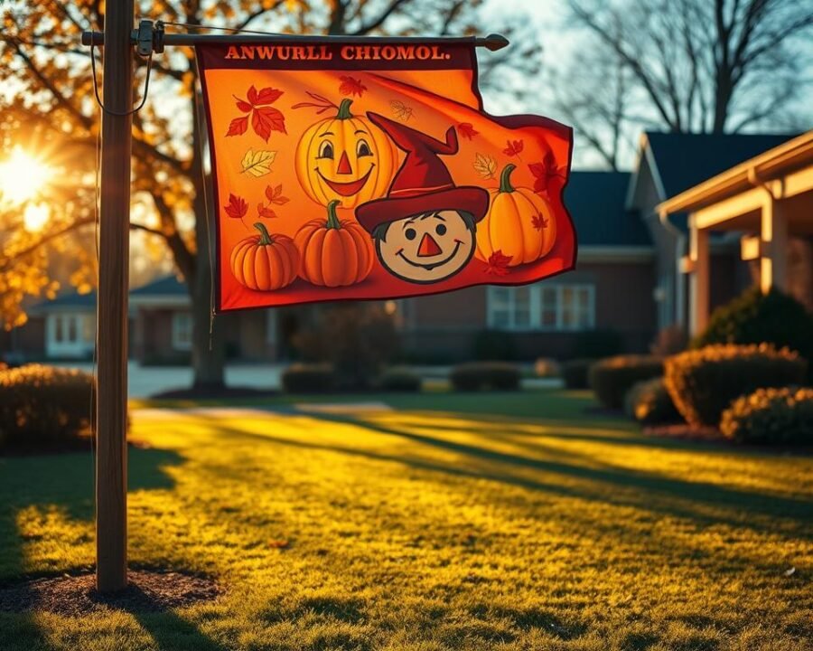 Seasonal school flag, fluttering in the crisp autumn breeze. A vibrant design featuring autumnal leaves, pumpkins, and a cheerful scarecrow. The flag is hung on a sturdy wooden pole, casting dynamic shadows across a well-manicured lawn. Warm, golden lighting illuminates the scene, creating a cozy, inviting atmosphere. The flag is the centerpiece, drawing the eye and setting the tone for a welcoming fall display. Capture the essence of the changing seasons, evoking feelings of harvest, comfort, and school pride.