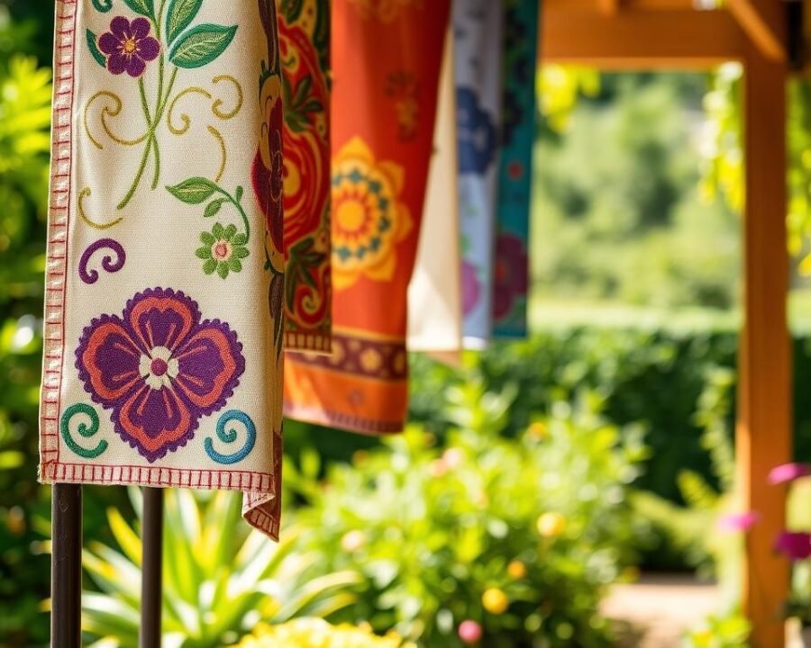 Vibrant custom applique garden flags, featuring intricate designs and patterns sewn onto a sturdy fabric canvas. The flags hang gracefully, catching the soft light and gentle breeze. In the foreground, a close-up view showcases the meticulous stitching and vibrant colors, while the background reveals a lush, verdant garden setting, creating a harmonious outdoor scene. The lighting is natural and warm, accentuating the textural quality of the applique work. The camera angle is slightly elevated, providing a captivating perspective that showcases the flags' details and their seamless integration with the surrounding environment.