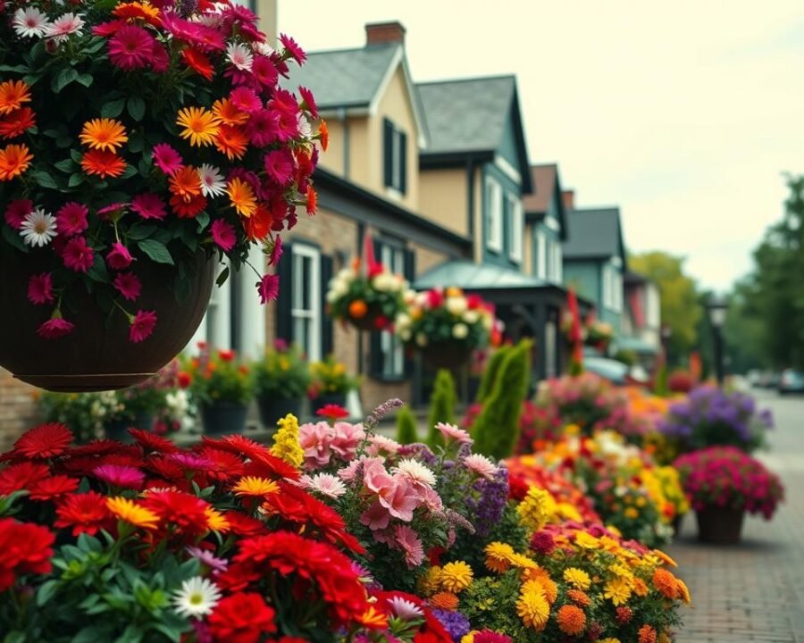 Vibrant flower displays adorning the charming streets of Amherst, showcasing the town's horticultural pride. In the foreground, a vibrant mix of colorful blooms, meticulously arranged in lush planters and baskets, creating a warm and inviting atmosphere. The middle ground captures the quaint historic architecture, framing the floral arrangements with its timeless elegance. In the background, a gently overcast sky casts a soft, diffused light, accentuating the natural beauty of the scene. The overall composition evokes a sense of tranquility and pastoral charm, inviting the viewer to explore the captivating gardens and homes of Amherst.