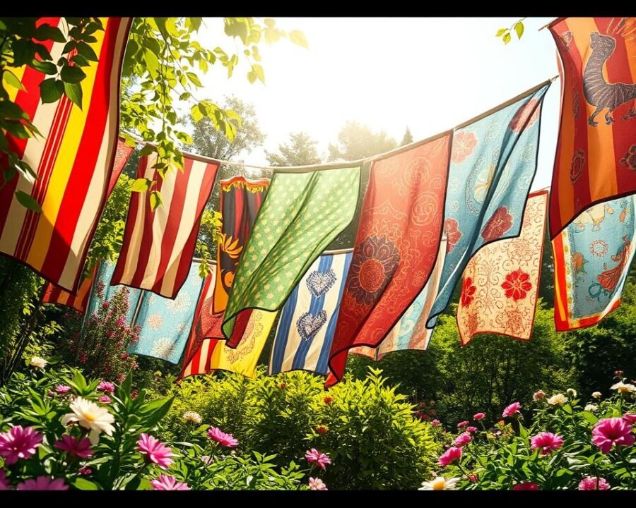 Vibrant outdoor flags fluttering in a gentle breeze, their colors dancing across the lush, verdant landscape. A captivating array of patterns and hues - bold stripes, intricate designs, and whimsical motifs - creating a visually striking scene. Sunlight filters through the fabric, casting a warm, inviting glow that illuminates the garden setting. Lush foliage and blooming flowers frame the flags, highlighting their beauty and creating a serene, picturesque atmosphere. Captured with a wide-angle lens, the image showcases the dynamic and eye-catching nature of these Breeze Art Garden Flags, elevating the outdoor space with their vibrant charm.