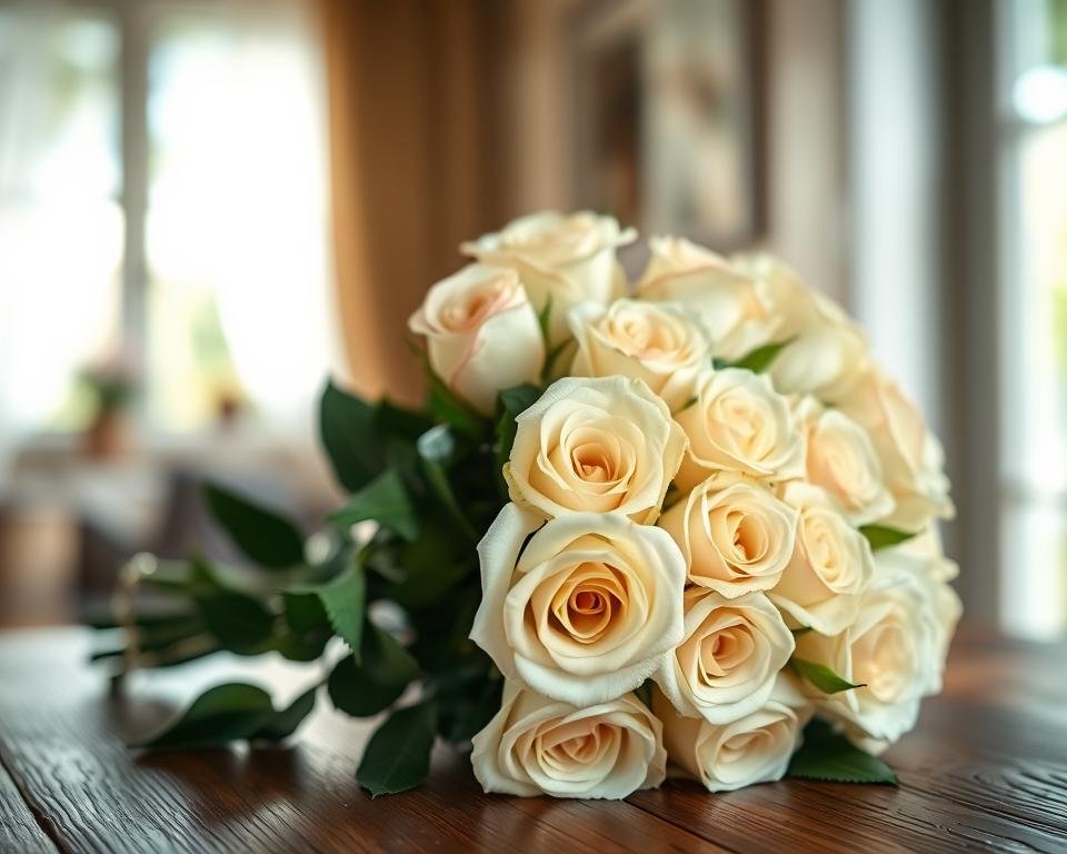 a bouquet of pristine alabaster garden roses arranged gracefully on a wooden table, bathed in soft natural light filtering through a nearby window. The roses have delicate, creamy petals with a hint of pink blush, exuding an air of refined elegance. The foreground features the bouquet in crisp focus, while the background is subtly blurred, creating a sense of depth and drawing the viewer's eye to the captivating floral display. The composition is balanced and symmetrical, with the roses positioned in a visually pleasing arrangement. An overall mood of serene, sophisticated beauty pervades the scene, evoking a tranquil, enchanting ambiance suitable for a luxurious home interior.