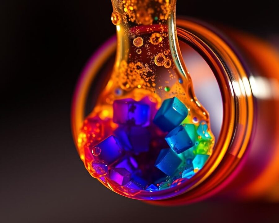 a detailed macro photography shot of a cannabis extract, capturing the rich, vibrant colors and intricate textures of its flavor profile. The extract is suspended in a tinted glass container, illuminated by warm, directional lighting that accentuates its viscous, oily appearance. The background is blurred, creating a sense of depth and focus on the extract itself. The image conveys the complex aromas and flavors associated with the Blue Dream strain, inviting the viewer to explore its unique sensory experience.