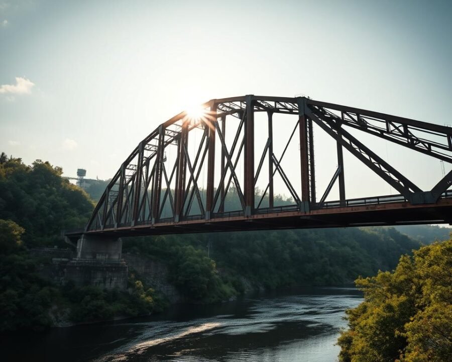 a durable steel bridge arching over a serene river, the sun's rays filtering through the structure's strong, elegant silhouette. The bridge's sturdy steel beams and cables stand in sharp contrast to the lush, verdant landscape on either side, conveying a sense of resilience and permanence. The camera angle captures the bridge from slightly below, highlighting its impressive scale and engineering. Soft, diffused lighting creates warm, inviting shadows that accentuate the bridge's intricate details and weathered patina. The overall scene exudes a calm, contemplative atmosphere, inviting the viewer to appreciate the form and function of this well-crafted, lasting structure.
