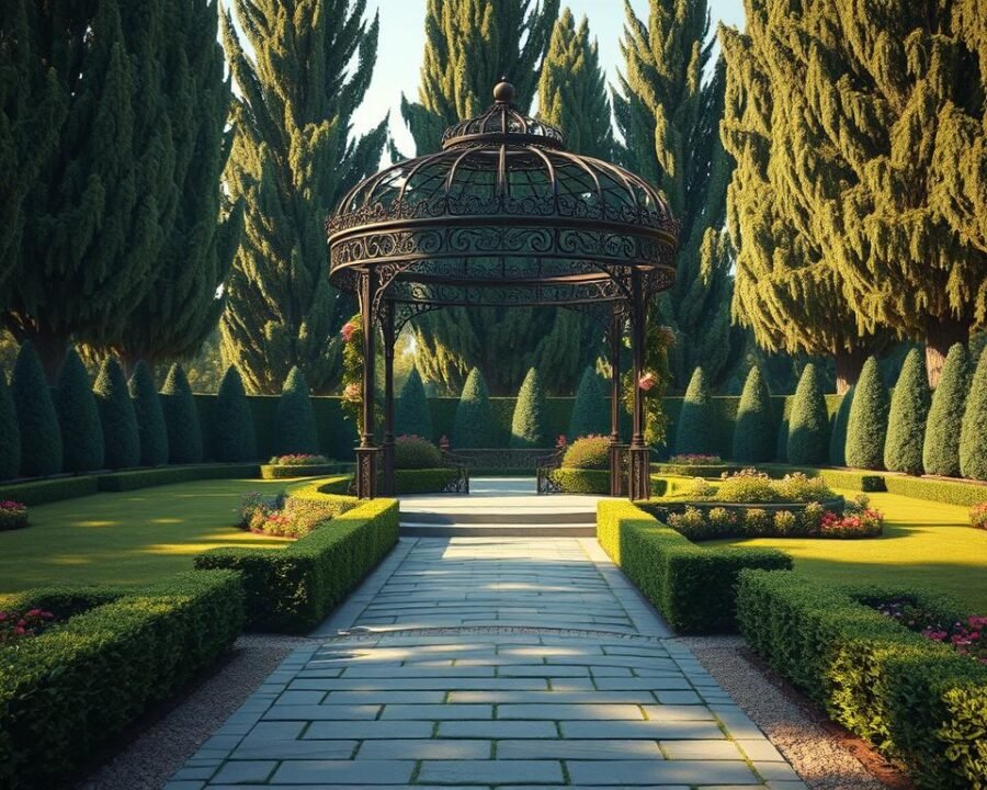 a highly detailed, photorealistic scene of a large, ornate garden design feature in the foreground, positioned in a lush, meticulously manicured garden setting. The feature is a striking, wrought-iron gazebo structure with intricate metalwork, adorned with trailing vines and flowering plants. The lighting is soft and warm, emanating a tranquil, serene atmosphere. The middle ground showcases a winding stone pathway leading to the gazebo, flanked by neatly trimmed hedges and vibrant flower beds. In the background, a row of tall, mature trees provide a natural backdrop, casting gentle shadows across the scene. The overall composition conveys a sense of elegance, sophistication, and harmonious integration of the designed elements with the natural surroundings.