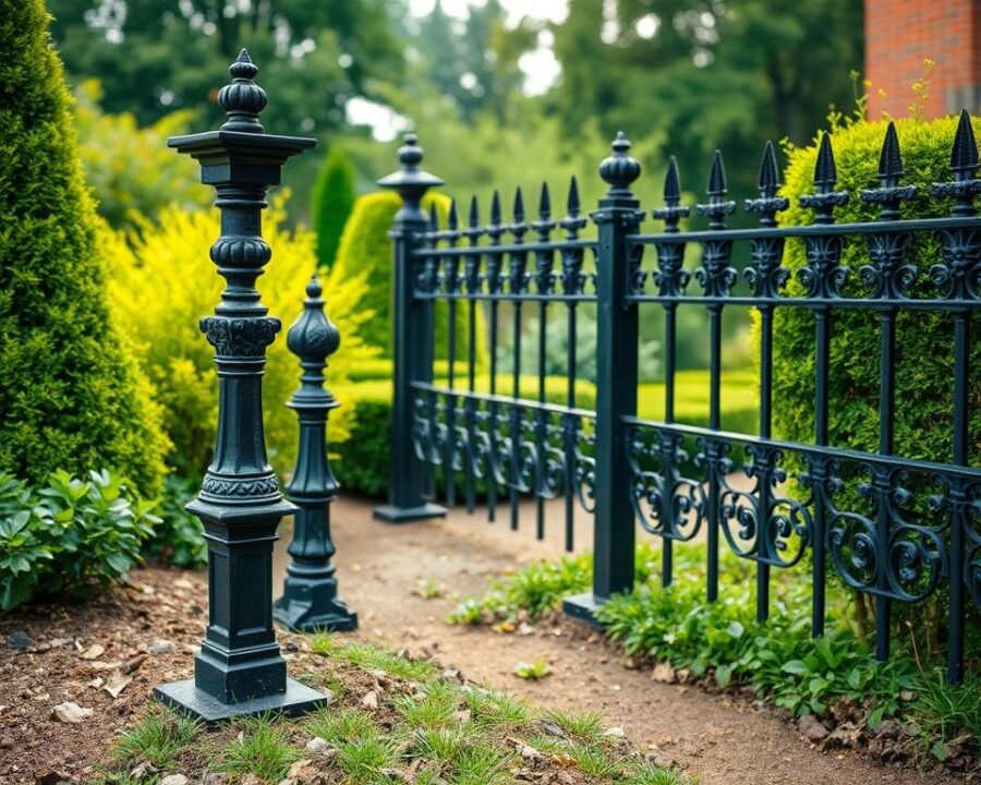 a professional, highly detailed photograph of a cast iron fence installation process, captured with a high-quality DSLR camera using a wide-angle lens and natural lighting. The foreground shows the careful placement of the cast iron fence posts, their intricate designs and sturdy construction. The middle ground features the seamless attachment of the cast iron fence panels, showcasing the precision and durability of the installation. The background depicts a lush, well-manicured garden setting, with vibrant greenery and a serene atmosphere, highlighting how the cast iron fence harmoniously blends with the natural surroundings. The overall scene conveys a sense of timeless elegance, quality craftsmanship, and the perfect balance between form and function.