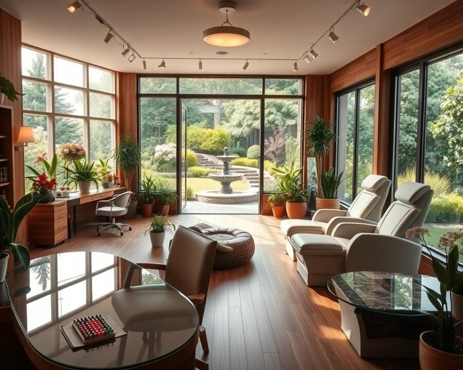 a well-lit, airy nail salon interior with natural wood accents and potted plants throughout, creating a serene, garden-like atmosphere. The foreground shows a manicure station with an elegant glass-topped table, comfortable chairs, and a selection of nail polish colors. The middle ground features a pedicure area with plush massage chairs and a tranquil water feature. In the background, large windows overlook a lush, verdant garden with blooming flowers, winding paths, and a calming water fountain. Warm, diffused lighting softly illuminates the space, enhancing the peaceful, relaxing ambiance.