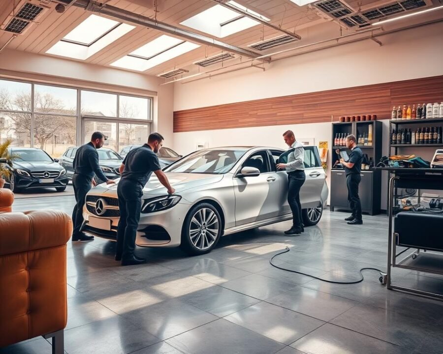 a well-lit, modern car detailing shop with a pristine showroom featuring plush leather couches, a polished cement floor, and a large floor-to-ceiling window that overlooks a fleet of gleaming, freshly detailed vehicles in the forecourt. The shop is bathed in warm, natural lighting from skylights, casting a cozy, inviting atmosphere. In the foreground, a team of skilled technicians in crisp uniforms are carefully inspecting and polishing the interior and exterior of a luxury sedan, using high-quality products and specialized tools. In the background, shelves display an array of premium car care products. The overall scene conveys a sense of professionalism, attention to detail, and a commitment to delivering exceptional car detailing services.