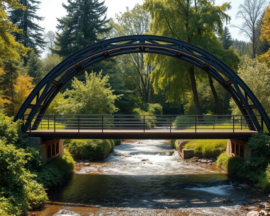 durable steel bridge arching over a gently flowing river, sunlight glinting off the sleek metal frame, surrounded by lush, verdant riverbanks and towering trees in the background, creating a serene and picturesque outdoor scene, the bridge's strong and sturdy construction conveying a sense of reliability and permanence, perfect for adding functional beauty and timeless elegance to a garden landscape
