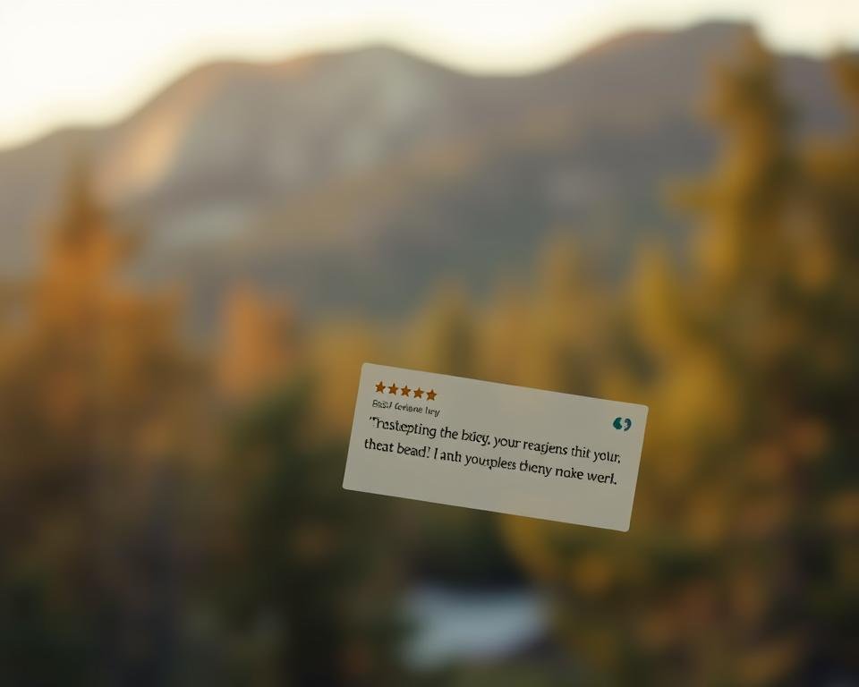 high-quality professional customer reviews floating on a beautifully blurred natural background, with a calming, serene atmosphere, shot with a shallow depth of field, crisp focus on the reviews, warm lighting from above, slightly desaturated color palette, elegant and minimalist layout, no distracting elements, conveying a sense of trust and credibility