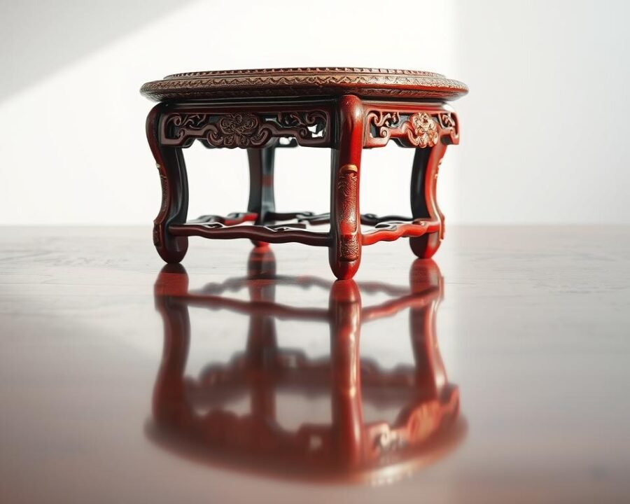 A Chinese garden stool resting on a clean, wooden surface, reflected in the smooth, polished tabletop. The stool is crafted with intricate patterns and textures, the deep red and gold hues gleaming under soft, natural lighting. In the background, a simple, minimalist backdrop of white or light gray serves to highlight the stool's beauty. The composition is framed from a slightly elevated, three-quarter angle, capturing the stool's elegant form and showcasing its potential for decorative appeal in any setting.