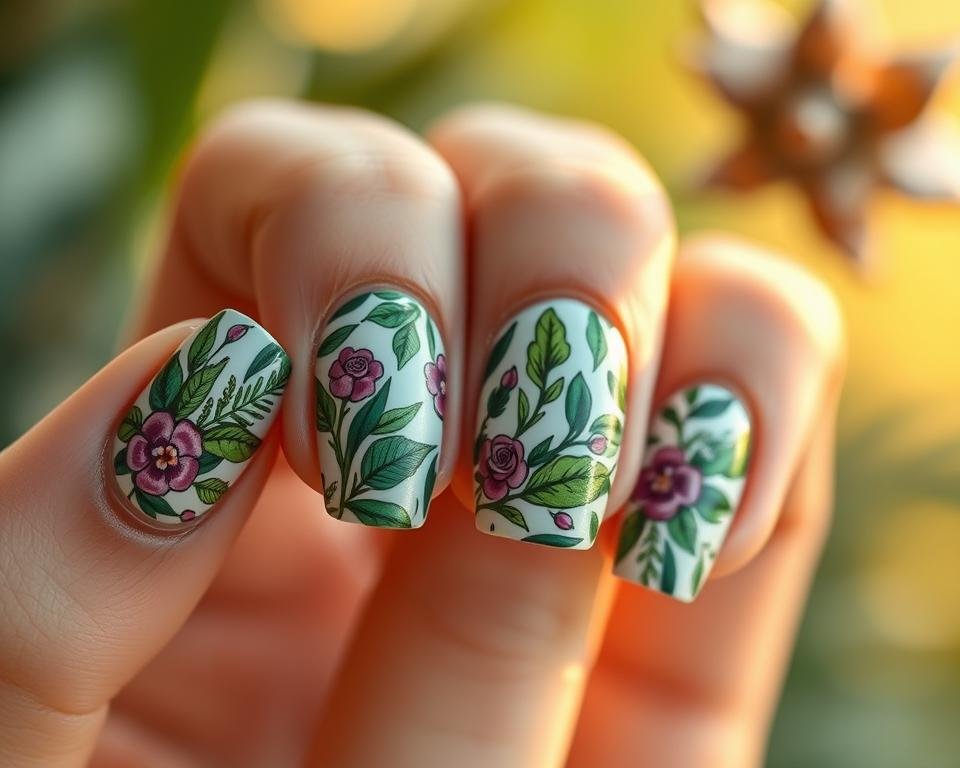 A beautiful close-up shot of trendy garden-inspired nail designs, showcasing an array of vibrant floral patterns, lush greenery, and intricate leaf motifs. The nails are presented against a soft, out-of-focus natural background, with warm, diffused lighting gently illuminating the intricate details. The design elements are meticulously crafted, with a mix of delicate line work, bold brushstrokes, and subtle shimmering accents, creating a harmonious and visually captivating composition. The overall mood is one of fresh, organic elegance, perfectly capturing the essence of the "Trendy Garden Nail Designs to Try" theme.