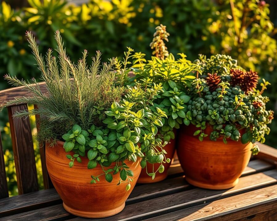 A beautifully arranged herb garden in large, rustic terracotta pots, placed on a wooden garden bench. The pots contain thriving rosemary, thyme, oregano, and basil plants, their lush, fragrant foliage spilling over the sides. Warm, golden sunlight filters through the scene, casting gentle shadows and highlights on the textured pottery and verdant herbs. The overall composition exudes a sense of tranquility and the simple pleasures of homegrown culinary delights. The scene is photographed at a medium angle, capturing the full height of the containers and the inviting, natural setting.
