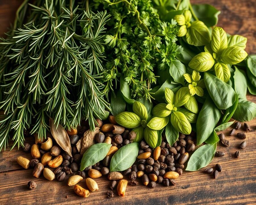 A beautifully arranged selection of fresh culinary herbs, including vibrant green sprigs of rosemary, thyme, oregano, and basil, along with a scattering of fragrant dried herbs and spices like bay leaves, peppercorns, and fennel seeds. The herbs are artfully displayed on a rustic wooden surface, with warm, soft lighting casting gentle shadows and highlighting the natural textures and colors. The overall mood is one of warmth, abundance, and the inviting aromas of a well-stocked herb garden.