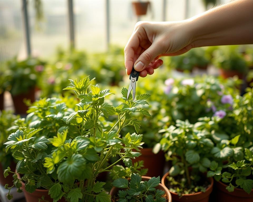 A beautifully composed scene of a person's hands delicately pruning fresh, vibrant herbs. The foreground features the hands gently snipping away at the green, aromatic leaves, revealing the tender new growth beneath. The middle ground showcases an array of potted herbs, their lush foliage and blooms in shades of green, purple, and white, all bathed in soft, natural lighting. The background is a tranquil, out-of-focus outdoor setting, hinting at a well-tended garden or greenhouse. The overall mood is one of mindful care, calmness, and the joy of nurturing plants by hand.
