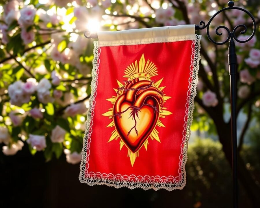 A beautifully crafted Sacred Heart garden flag softly billows in a gentle breeze. The intricate design features a sacred heart, crowned with thorns and emanating golden rays, set against a deep crimson backdrop. The flag's edges are trimmed with delicate lace detailing, adding an air of reverence and devotion. Sunlight filters through the leaves of a nearby flowering tree, casting a warm, ethereal glow upon the scene. The flag is mounted on a wrought-iron stand, its sturdy construction ensuring it can withstand the elements while elevating the sacred imagery. This exquisite display invites contemplation and spiritual reflection, creating a serene oasis within the garden.