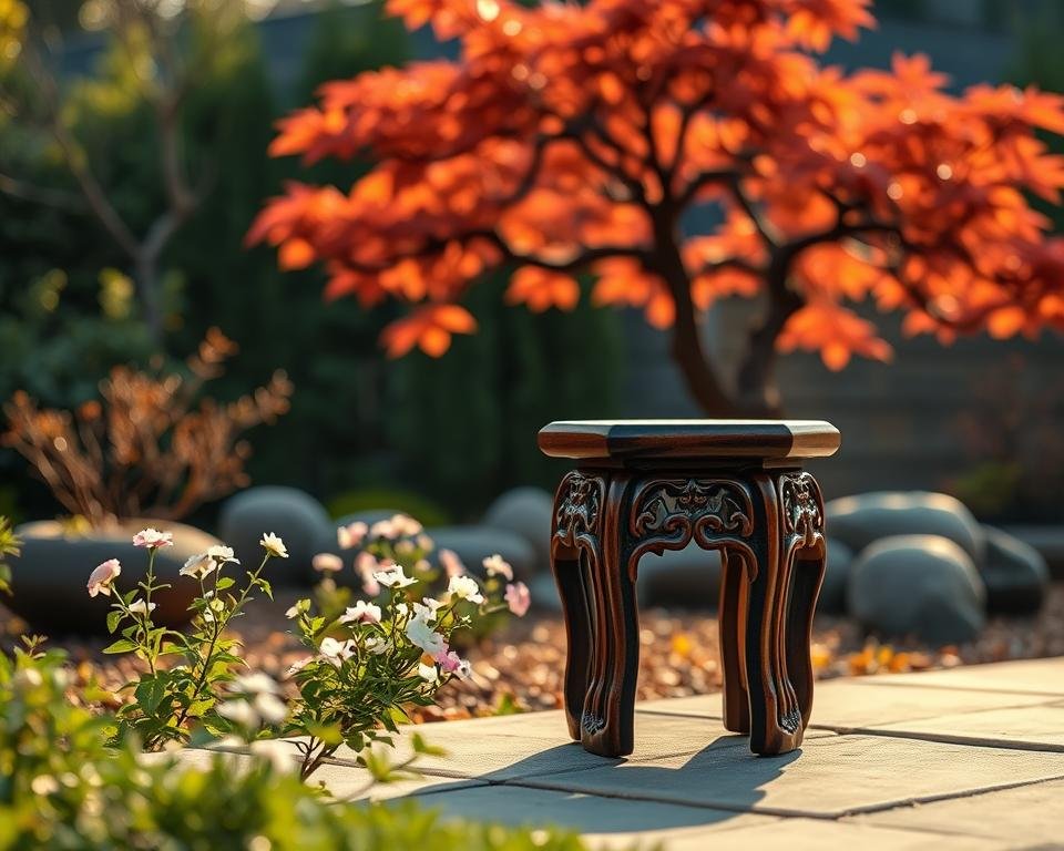 A beautifully crafted asian garden stool sits prominently in the foreground, its intricate carved details casting soft shadows in the warm, diffused lighting. The stool is positioned on a smooth, polished stone surface, surrounded by lush greenery and delicate, blooming flowers in the middle ground. In the distant background, a meticulously pruned Japanese maple tree sways gently, its red-orange leaves adding a touch of vibrant color to the serene, zen-like atmosphere.