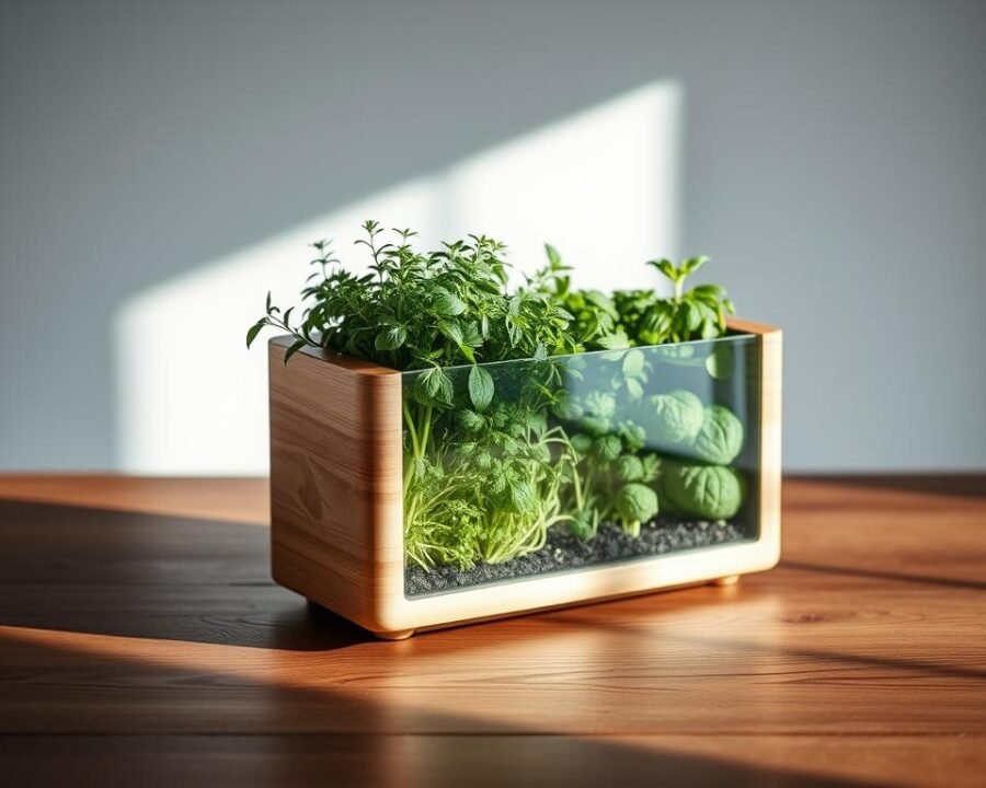 A beautifully crafted herb container, its sleek and modern design featuring a natural wood exterior and a clear glass panel that allows the herbs to thrive. Soft, indirect lighting illuminates the lush foliage, casting gentle shadows across the smooth surfaces. The container is positioned on a minimalist wooden table, creating a serene and inviting display. The camera angles showcase the container's clean lines and harmonious proportions, capturing the essence of a carefully curated, sustainable garden solution for the modern home.