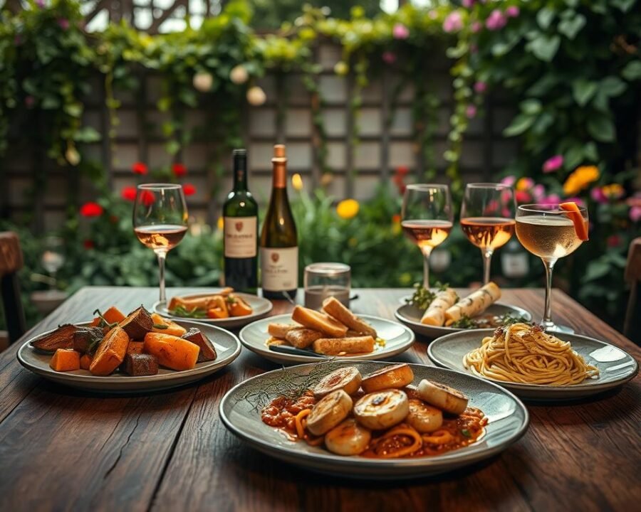 A beautifully curated Seasonal Gourmet Menu, artfully displayed on a rustic wooden table. In the foreground, an array of freshly prepared dishes - hearty roasted root vegetables, delicate seared scallops, and a rich, creamy pasta - all arranged with elegant simplicity. The middle ground features a selection of fine wines and craft cocktails, complementing the flavors of the menu. In the background, a lush, verdant garden scene with trailing vines and vibrant flowers, creating a serene, natural ambiance. Soft, warm lighting casts a cozy glow over the scene, while a wide-angle lens captures the entire gourmet experience. The overall mood is one of elevated sophistication and accessible indulgence.