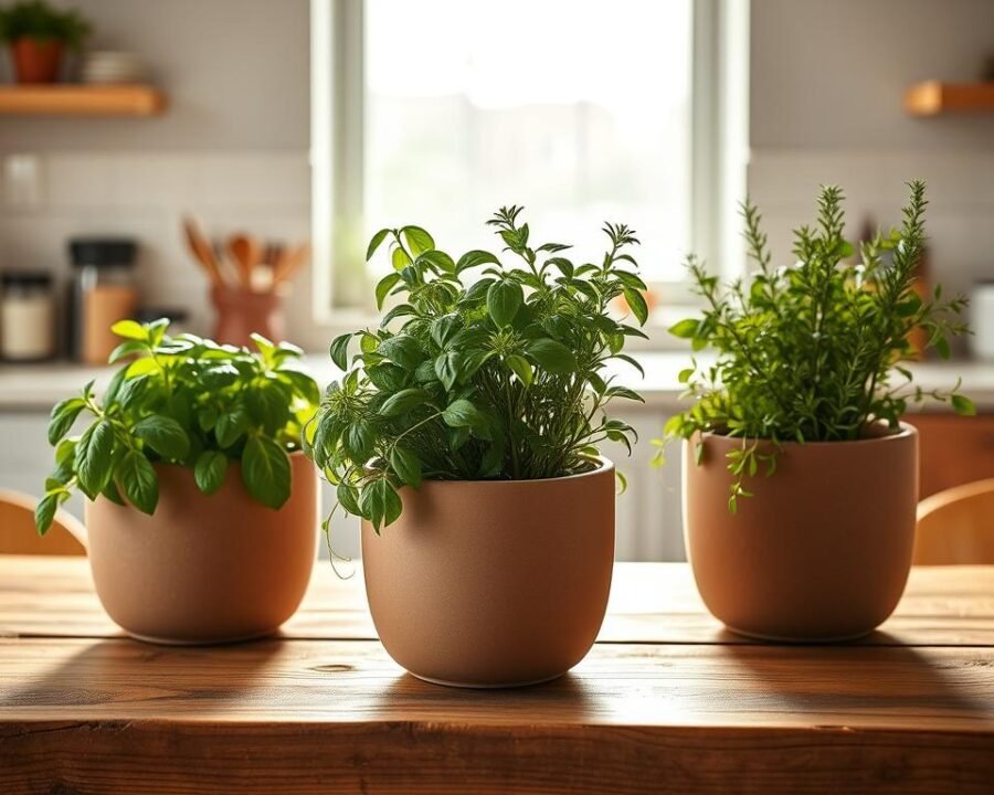 A beautifully designed set of self-watering herb planters, sitting on a rustic wooden table in a bright, airy kitchen. The planters have a sleek, minimalist silhouette with a matte ceramic finish in soft, earthy tones. Lush, vibrant herbs - such as basil, thyme, and rosemary - spill over the edges, creating a natural, effortless look. Warm, diffused lighting from a large window illuminates the scene, casting gentle shadows and highlighting the textural details of the plants and pottery. The overall atmosphere is one of peaceful, low-maintenance gardening, perfect for an urban kitchen herb garden.