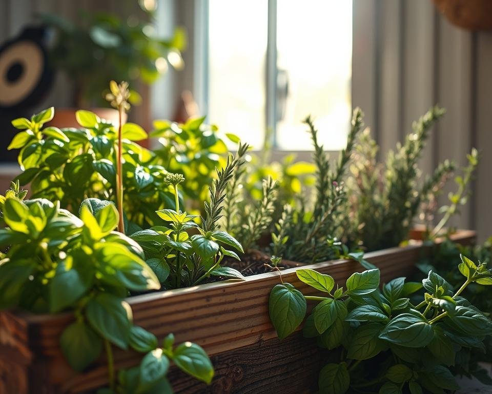 A beautifully lit, close-up photograph of a variety of fresh, lush herbs arranged in a cozy window garden setting. The foreground features a selection of thriving herb plants such as basil, rosemary, thyme, and oregano, their leaves glistening with morning dew. The middle ground showcases a rustic wooden planter box filled with rich soil and trailing vines, complemented by a sun-drenched windowsill in the background. The lighting is soft and natural, creating a warm, inviting atmosphere that highlights the vibrant colors and textures of the herbs. The overall composition emphasizes the beauty and convenience of cultivating a healthy, low-maintenance indoor herb garden.