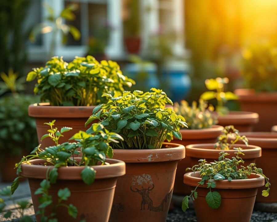 A beautifully lit garden scene featuring a cluster of terra cotta pots in the foreground, filled with lush, vibrant herbs. The pots are arranged in a visually pleasing, organic manner, with varying heights and sizes to create depth and visual interest. The background is blurred, allowing the focus to remain on the pots and herbs. Warm, natural lighting casts gentle shadows, highlighting the textural details of the terra cotta and the healthy green leaves of the herbs. The overall mood is one of tranquility and simple elegance, capturing the essence of an inviting, thoughtfully curated herb garden planter.