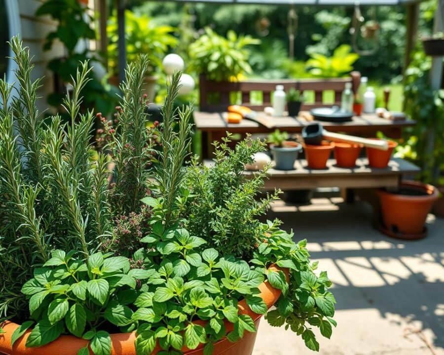 A bountiful container garden, overflowing with vibrant herbs. In the foreground, a terracotta planter holds neatly arranged rosemary, thyme, and oregano, their verdant leaves glistening in soft natural light. In the middle ground, a rustic wooden bench serves as a potting station, various gardening tools and soil-filled pots scattered about. The background reveals a sun-dappled patio, surrounded by lush greenery and the gentle sway of potted plants. The overall scene exudes a sense of tranquility and the joy of nurturing one's own culinary oasis, perfect for the "Planting Your Herbs" section of the article.