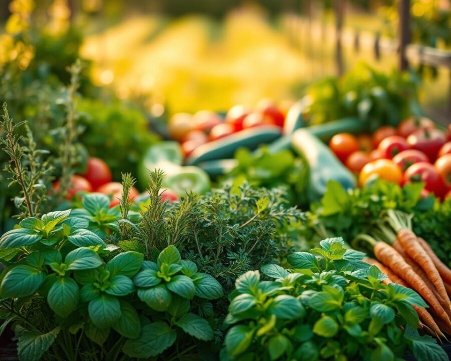 A bountiful garden display showcasing an array of lush, thriving herbs and vegetables harmoniously arranged. In the foreground, a vibrant collection of leafy greens, aromatic basil, fragrant rosemary, and crisp carrots, all nestled together in a natural, organic composition. The middle ground features a variety of complementary vegetables, such as tomatoes, bell peppers, and zucchini, their colors and textures creating a visually striking tableau. The background softly fades into a serene, sun-dappled setting, suggesting an idyllic, well-tended plot. Warm, golden lighting casts a gentle glow, highlighting the verdant hues and lush foliage. The overall scene conveys a sense of harmony, abundance, and the joys of companion planting for a thriving, bountiful garden.