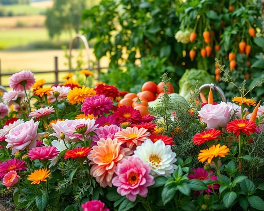 A bountiful garden scene in a warm, natural light. In the foreground, a vibrant array of colorful flowers - delicate roses, lush peonies, and cheerful marigolds. Intertwined with the flowers, a variety of leafy green herbs - fragrant basil, robust rosemary, and tender thyme. In the middle ground, a selection of freshly harvested vegetables - plump tomatoes, crisp lettuce, and crunchy carrots. The background features a softly blurred landscape, with a hint of a picturesque countryside setting. The overall composition is balanced and aesthetically pleasing, showcasing the harmonious relationship between flowers, herbs, and vegetables.