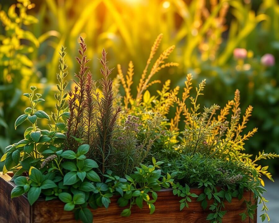 A bountiful outdoor herb planter, illuminated by warm, golden sunlight filtering through lush foliage. In the foreground, an assortment of thriving herbs - fragrant basil, hearty rosemary, vibrant oregano, and lush thyme - stand tall in a rustic, wooden container. The middle ground showcases a variety of complementary plants, their leaves dancing in a gentle breeze. In the background, a verdant garden backdrop provides a serene, natural setting, hinting at the abundance of the outdoor space. The overall scene exudes a sense of freshness, vitality, and the joy of cultivating a flourishing herb garden for everyday culinary and wellness needs.