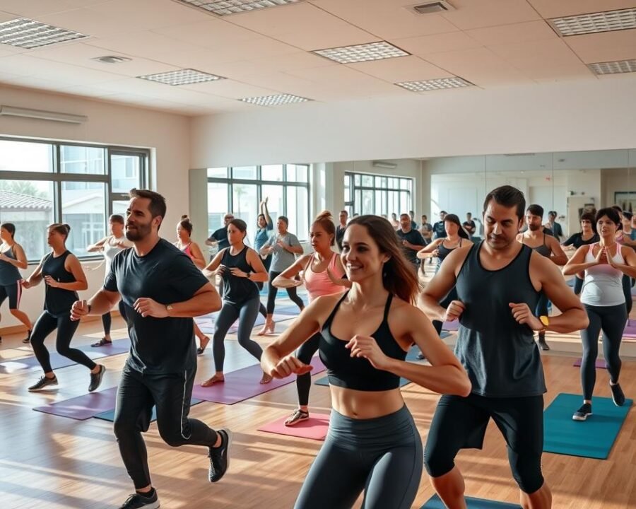 A bright, airy fitness studio in Garden Grove filled with a diverse group of people engaged in various group exercises. In the foreground, a group of men and women vigorously performing high-intensity cardio routines under the guidance of an enthusiastic instructor. The middle ground features individuals stretching and performing yoga poses, their faces exuding a sense of calm and focus. In the background, a wall-length mirror reflects the energy of the class, while large windows flood the space with natural light. The overall atmosphere is one of camaraderie, motivation, and a commitment to holistic wellness.