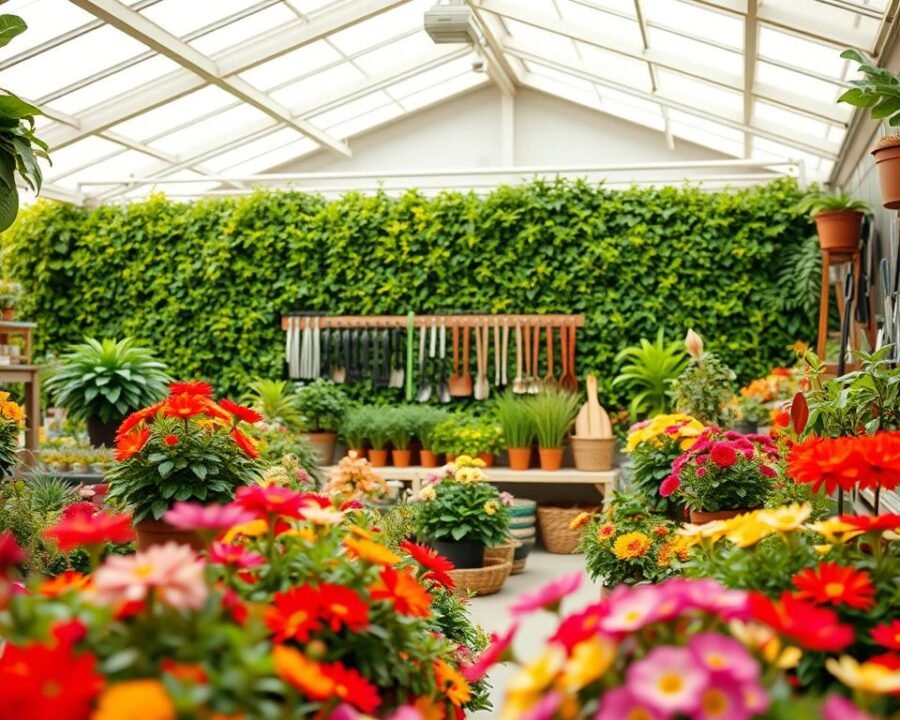 A bright, airy garden center filled with an abundance of plants, tools, and accessories. In the foreground, a display of colorful flowering plants, their petals gently swaying in the warm breeze. In the middle ground, a variety of gardening tools, from sleek pruning shears to sturdy trowels, neatly arranged on wooden shelves. The background features a wall of lush, verdant foliage, creating a natural, serene atmosphere. Soft, diffused lighting from overhead skylights casts a warm glow over the entire scene, highlighting the vibrant colors and textures of the products. The overall impression is one of a well-curated, inviting space that caters to the needs of passionate gardeners.