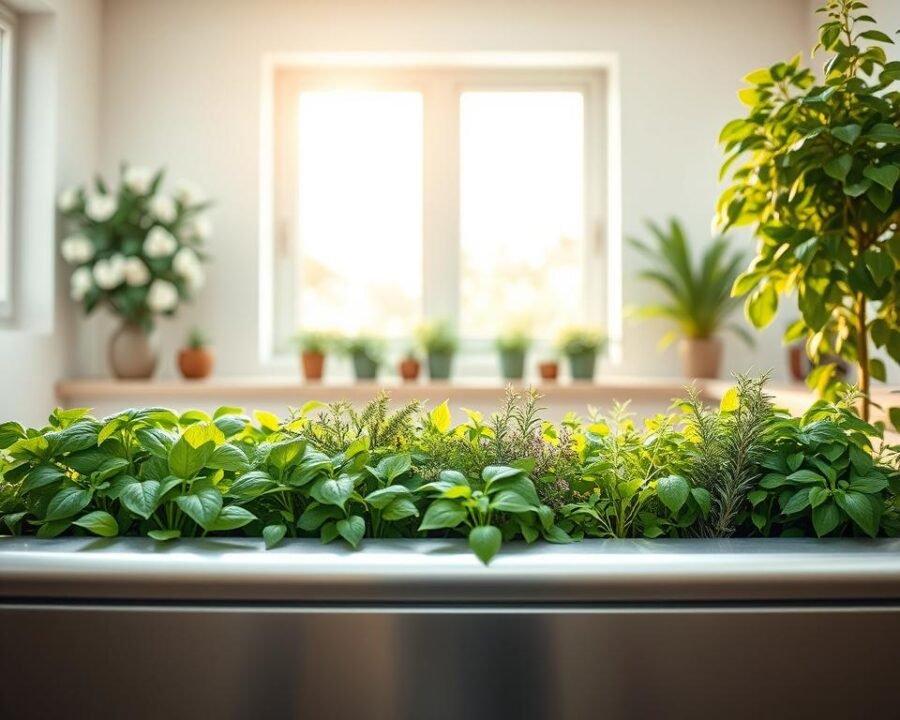A bright, airy indoor space filled with a lush, self-watering herb garden. In the foreground, a modern, minimalist planter system with a sleek, stainless steel tray and glass enclosure, housing a variety of aromatic herbs like basil, rosemary, and thyme. The middle ground features a wide windowsill with natural lighting filtering in, casting a warm glow on the thriving greenery. In the background, a clean, white wall provides a simple, uncluttered backdrop, allowing the vibrant colors and textures of the herbs to take center stage. The overall scene exudes a sense of tranquility and effortless indoor gardening, perfect for the modern home chef or wellness enthusiast.