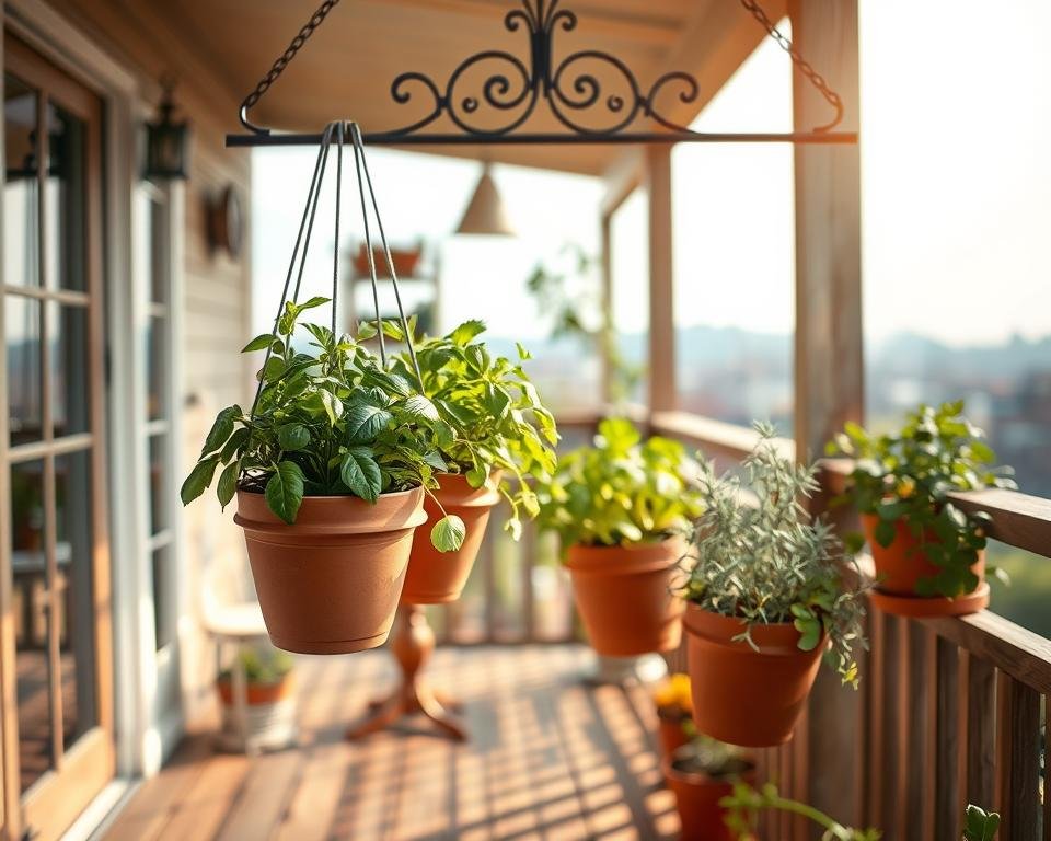 A bright, airy scene of a cozy, wooden patio or balcony. In the foreground, a hanging herb garden takes shape - several terra cotta pots, each brimming with lush, aromatic herbs like basil, thyme, and rosemary, suspended from an ornate wrought-iron frame. Soft, natural lighting filters in, casting a warm glow over the scene. In the middle ground, a few decorative plant stands or shelves provide additional herb-growing space. The background features a blurred cityscape or tranquil garden view, hinting at the perfect setting for this DIY hanging herb garden project.