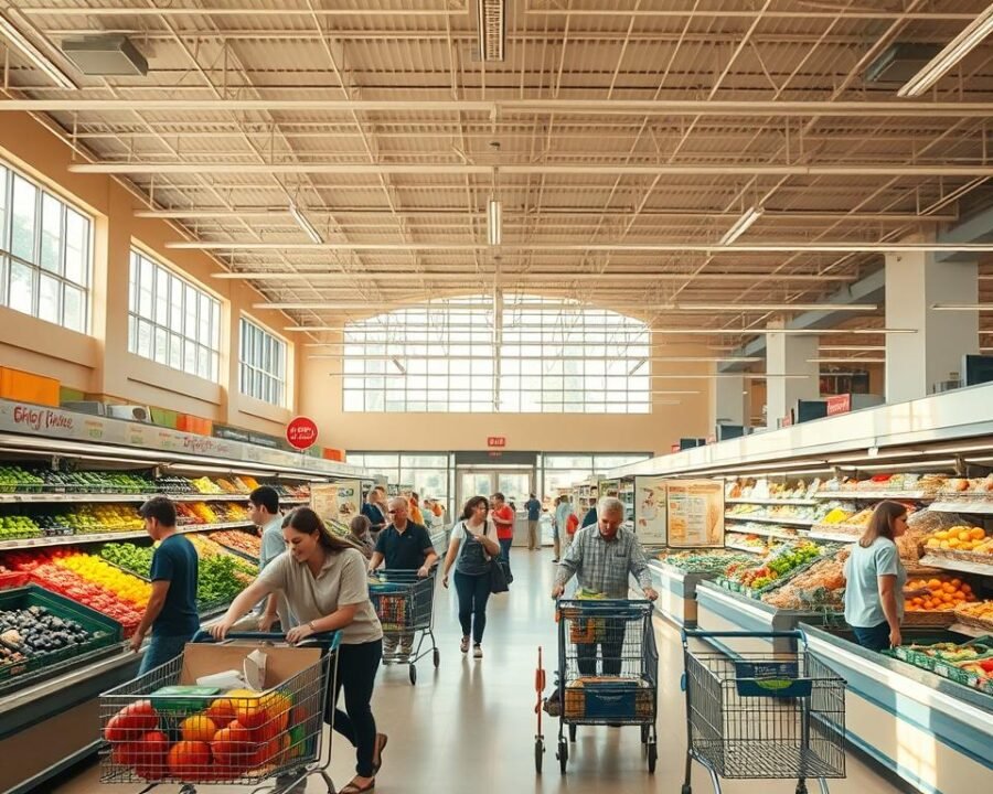 A bright and inviting grocery store interior, with a wide open layout and high ceilings. In the foreground, customers cheerfully push carts, examining fresh produce and chatting with friendly staff. The middle ground features neatly stocked shelves, vibrant signage, and efficient checkout lanes. Warm, natural lighting filters in through large windows, creating a pleasant, welcoming atmosphere. The background showcases a clean, organized store design with modern fixtures and decor, reflecting a commitment to exceptional customer service. An overall sense of ease, satisfaction, and efficiency pervades the scene, capturing the exceptional experience at Shoprite of Garden State Pavilion.
