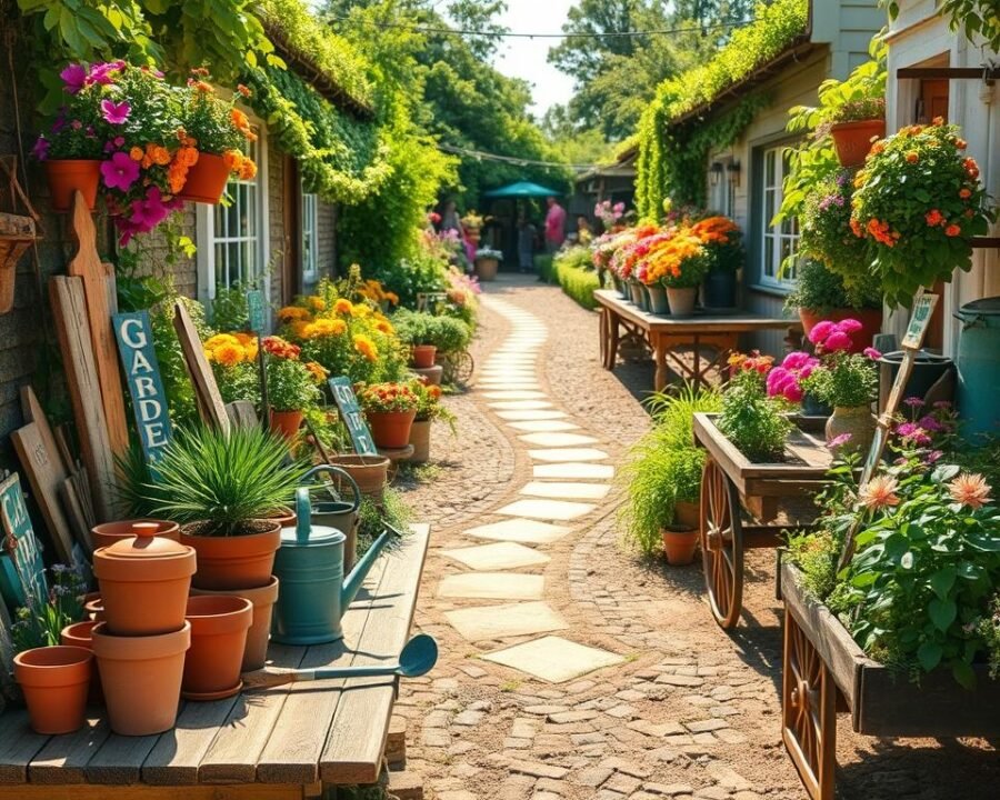 A bright, sunny day in a quaint garden, filled with an array of vibrant plants, flowers, and vintage garden tools. In the foreground, a rustic wooden table displays an assortment of gardening items - terracotta pots, watering cans, and hand-crafted garden signs. Winding paths lead visitors through lush foliage, past a weathered potting bench and an old, wooden cart overflowing with fragrant blooms. Sunlight dapples the scene, casting warm shadows and highlighting the texture of the aged, wooden surfaces. A sense of nostalgia and the joy of selling and sharing one's garden treasures permeates the atmosphere.