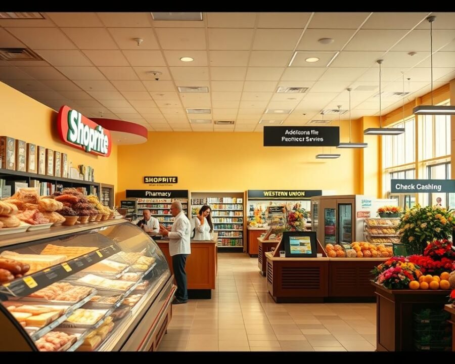 A brightly lit, spacious interior of a modern Shoprite grocery store, showcasing a variety of additional services available to customers. In the foreground, a well-stocked deli counter with a variety of freshly prepared meats, cheeses, and specialty items. In the middle ground, a pharmacy counter with a friendly pharmacist assisting a customer, and a Western Union money transfer station. In the background, a bustling floral department with vibrant blooms, and a check cashing kiosk. The scene is bathed in warm, natural lighting, creating a welcoming and inviting atmosphere for shoppers to explore the store's comprehensive offerings beyond just groceries.