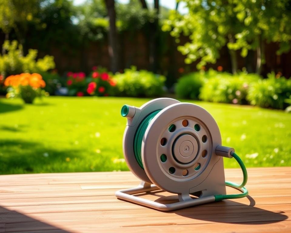 A budget-friendly retractable hose reel in a well-lit, modern garden setting. In the foreground, a sturdy, compact hose reel with a sleek, neutral-toned design sits atop a wooden deck. The middle ground features a lush, verdant lawn dotted with vibrant flowers, while the background showcases a serene, sun-dappled tree line. The lighting is soft and natural, casting gentle shadows and highlighting the reel's practical, no-frills aesthetic. The overall scene conveys a sense of simplicity, functionality, and tranquility, perfectly suited for a budget-conscious homeowner's garden.