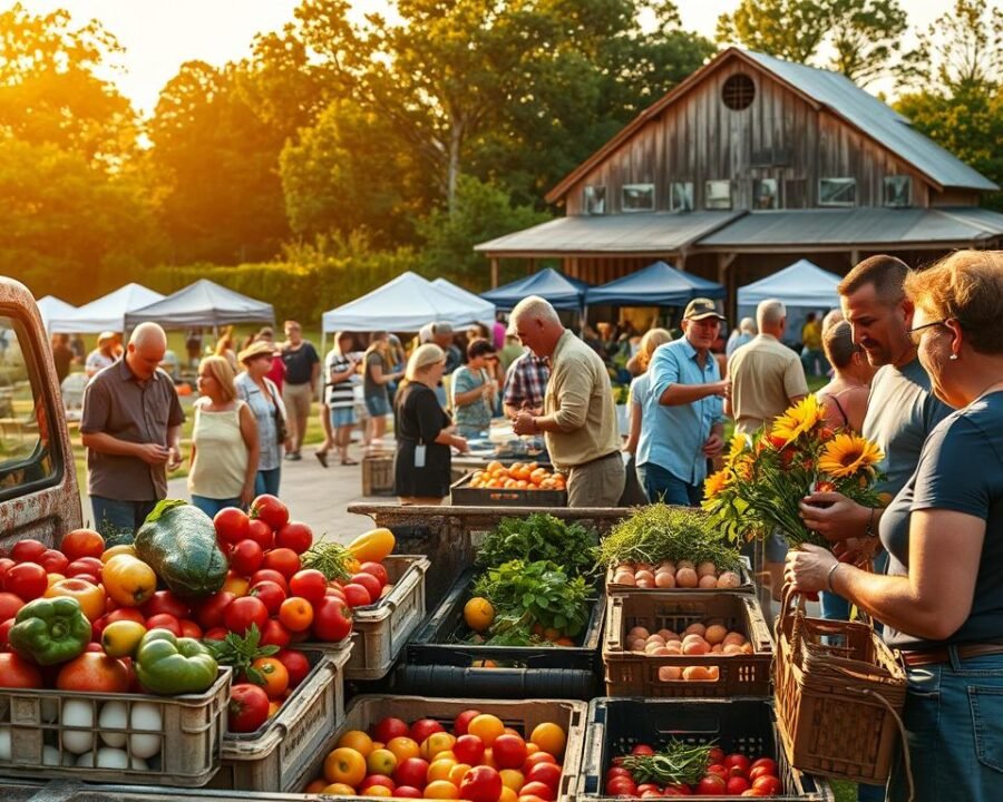 A bustling Tulsa farm market, where weathered hands exchange seasonal produce and homemade crafts. In the foreground, a farmer's truck laden with crates of ripe tomatoes, peppers, and freshly picked herbs. Buyers examine the offerings, negotiating fair trades - a basket of eggs for a bundle of sunflowers, a crate of peaches for a handmade birdhouse. The middle ground reveals a patchwork of tents and tables, each displaying the bounty of local gardens and workshops. In the background, a weathered barn stands sentinel, its worn wood and faded paint adding to the rustic, timeless atmosphere. Warm, golden light filters through the trees, casting a soft glow over the entire scene, capturing the spirit of community and exchange that defines Tulsa's vibrant farm and garden trading culture.