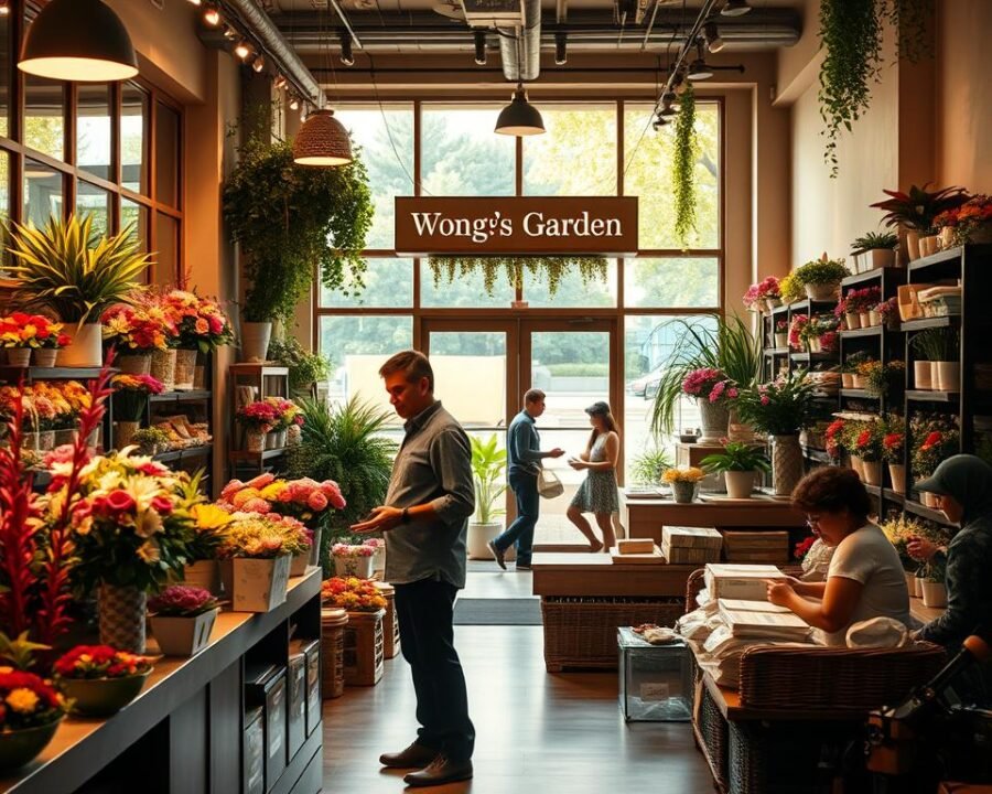 A bustling floral shop interior, the entrance of Wongs Garden. In the foreground, a customer standing at the counter, engaged with a helpful staff member, gesturing as they discuss an order. Behind them, displays of vibrant floral arrangements, potted plants, and lush greenery. Warm, natural lighting filters through large storefront windows, casting a welcoming glow. The middle ground features a well-organized order fulfillment area, with employees carefully packaging and labeling orders. In the background, a tranquil seating area, where customers can relax and immerse themselves in the serene atmosphere. The overall mood is one of efficiency, professionalism, and a deep appreciation for the beauty of nature.