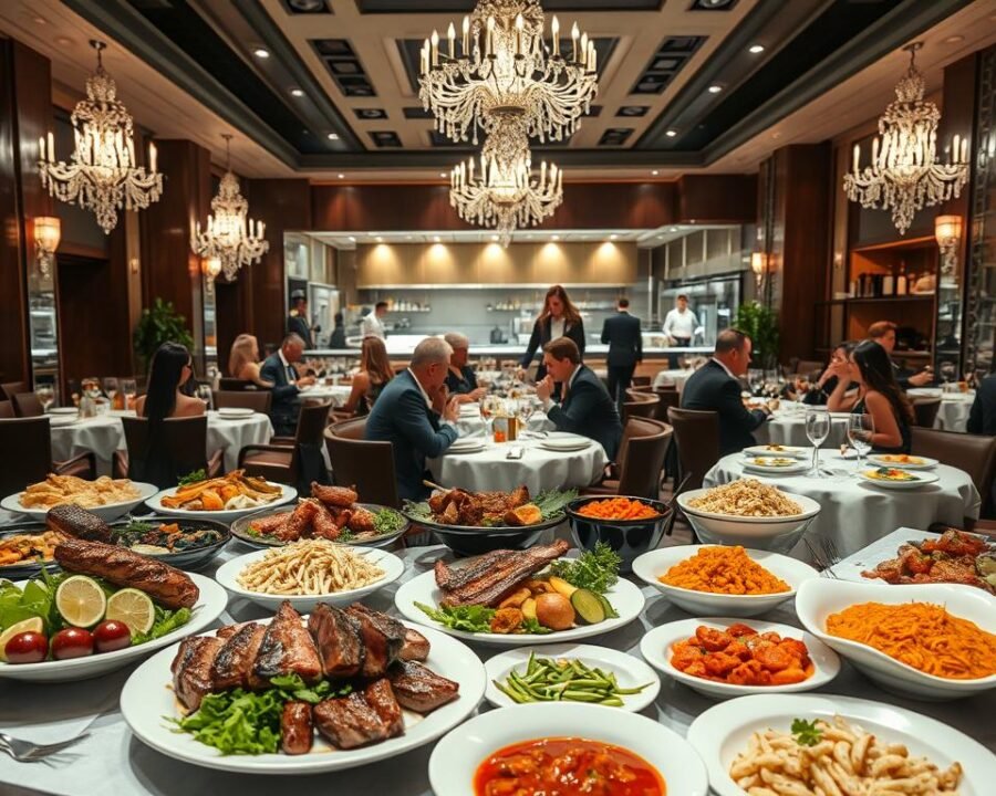 A bustling restaurant scene with a variety of dining options to cater to every palate. In the foreground, a lavish spread of gourmet dishes - from juicy steaks and crisp salads to fragrant curries and pasta platters. In the middle ground, smartly dressed patrons enjoying their meals at linen-covered tables, under the warm glow of crystal chandeliers. The background features an open kitchen, where skilled chefs work their culinary magic, creating a symphony of aromas. The overall atmosphere is one of elegance, sophistication, and culinary delight, inviting the viewer to indulge in a truly satisfying dining experience.