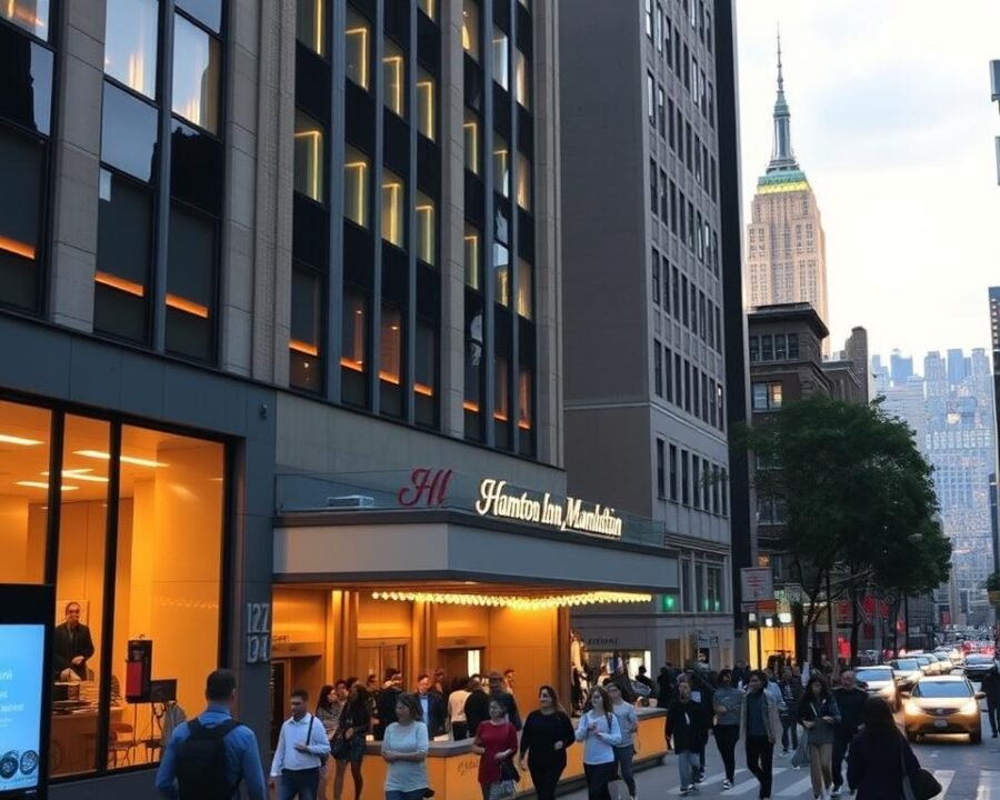 A bustling street in the heart of Manhattan, with the iconic Empire State Building towering in the background. In the foreground, the well-lit facade of the Hampton Inn Manhattan Madison Square Garden Area, its grand entrance inviting visitors to step inside. The sidewalks are alive with pedestrians, their steps hurried yet purposeful, surrounded by the energy and excitement of New York City. Warm lighting from the hotel's windows casts a welcoming glow, while the city skyline stretches out in the distance, a panoramic view of the urban landscape. The scene captures the prime location of this hotel, nestled in the vibrant, central district of the city that never sleeps.