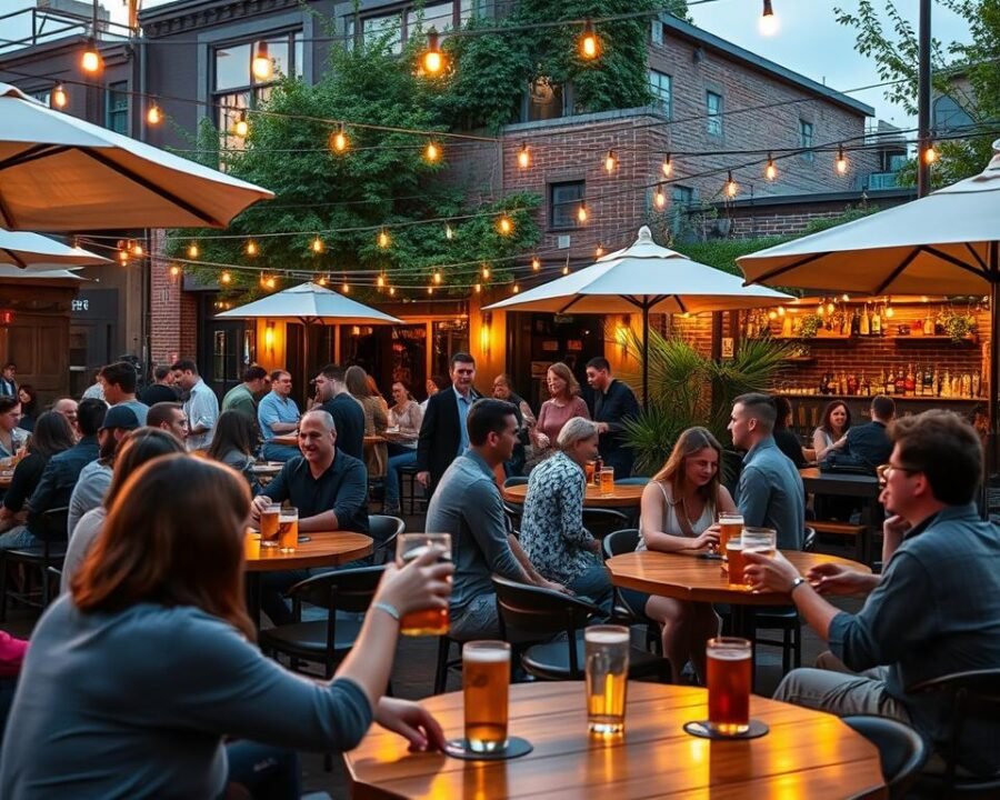 A bustling urban beer garden scene at Fremont Brewing, with people gathered around cozy tables, enjoying craft beers and socializing under the warm glow of string lights and market umbrellas. In the foreground, a group of friends clink glasses, while in the middle ground, a couple discusses plans for a private event as a bartender serves drinks. The background features the brewery's distinctive architecture and lush greenery, creating a welcoming and lively atmosphere for both casual visitors and private bookings.