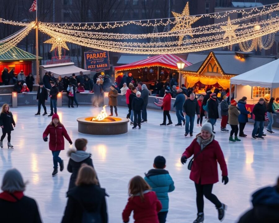 A bustling winter scene at Parade Ice Garden, showcasing the diverse events and activities on offer. In the foreground, a group of skaters glide gracefully across the well-lit, glistening ice rink, their movements captured with a wide-angle lens. In the middle ground, families gather around cozy fire pits, sipping hot cocoa and enjoying the lively atmosphere. The background is filled with festive decorations, including twinkling lights strung across the venue, creating a warm and inviting ambiance. The overall composition conveys a sense of energy, joy, and community, perfectly encapsulating the spirit of this beloved winter destination.